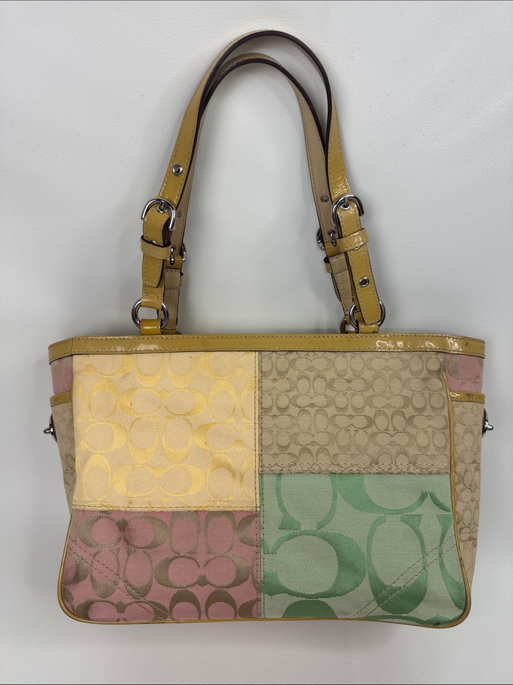 Vintage Coach Bag Patchwork Signature Tote Yellow Pink Green Tan RARE F14868